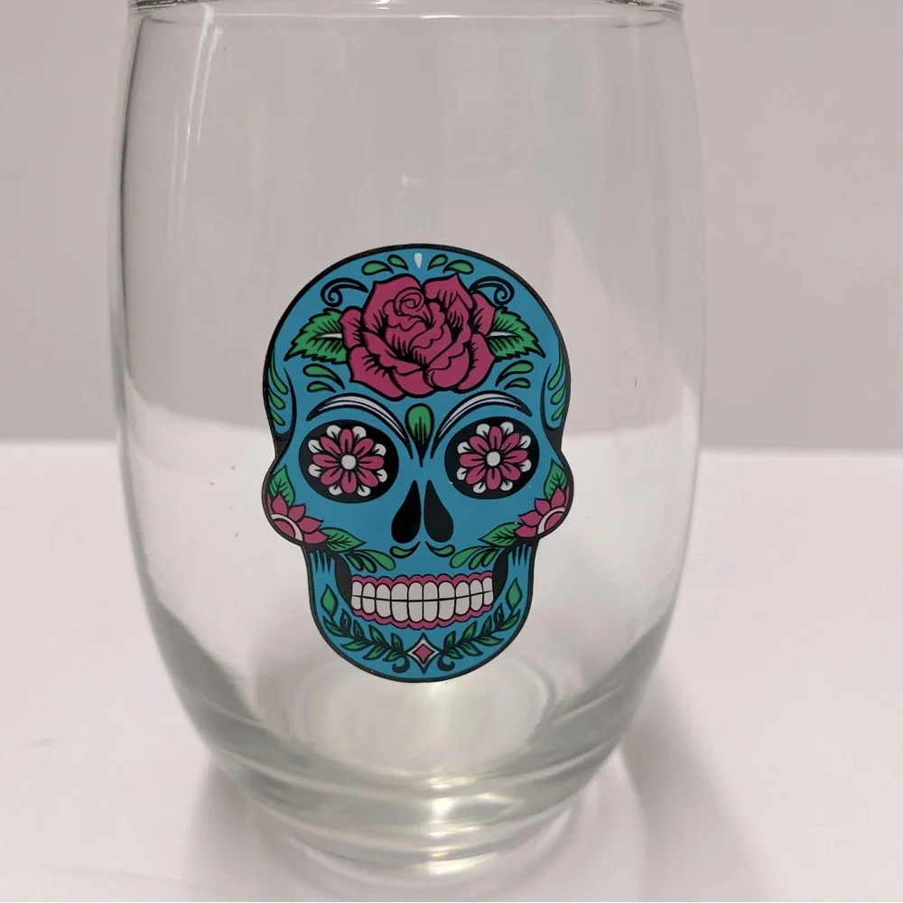 Day of the Dead Sugar Skull Stemless Wine Glasses and Plates Set NWT